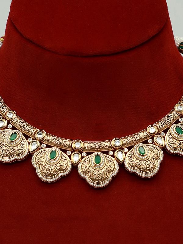 Exotic India Beautiful Brass Necklace Set With Studded Kundan And Earrings