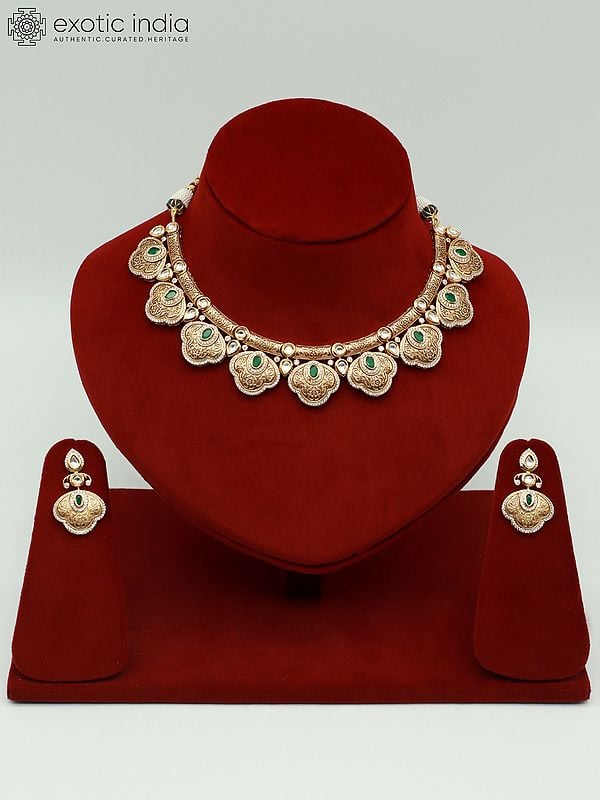 exotic india Beautiful Brass Necklace Set With Studded Kundan And Earrings