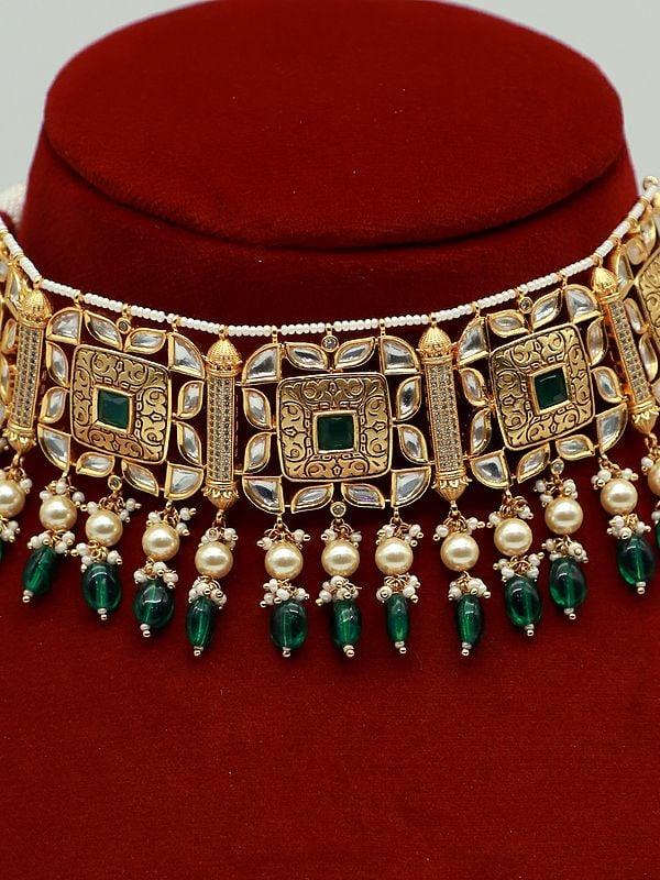 Exotic India Beautiful Choker Necklace Set With Hanging Beads And Earrings In Brass