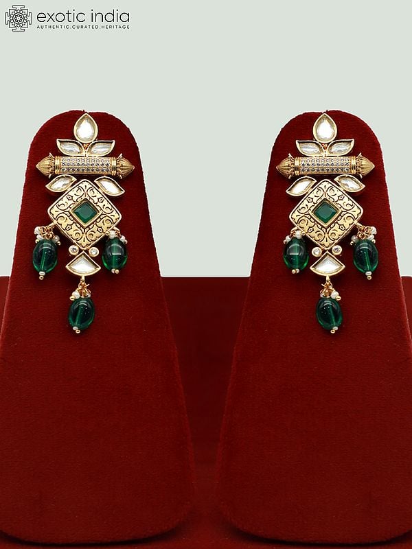 Exotic India Beautiful Choker Necklace Set With Hanging Beads And Earrings In Brass