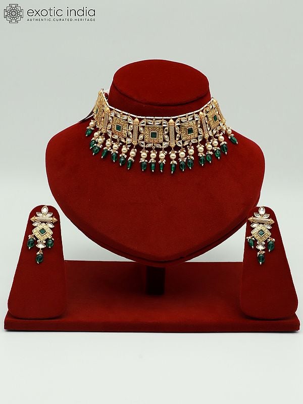 exotic india Beautiful Choker Necklace Set With Hanging Beads And Earrings In Brass 