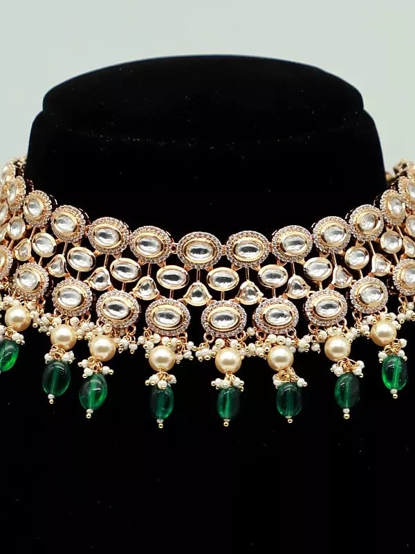 Exotic India Beautiful Choker Set For Bridal With Green Hanging Beads And Attractive Earrings