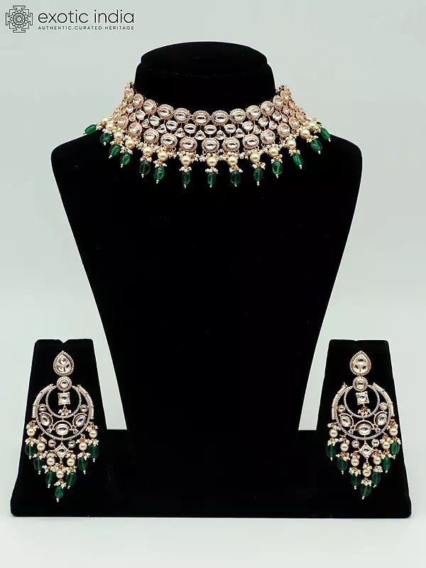 exotic india Beautiful Choker Set For Bridal With Green Hanging Beads And Attractive Earrings 