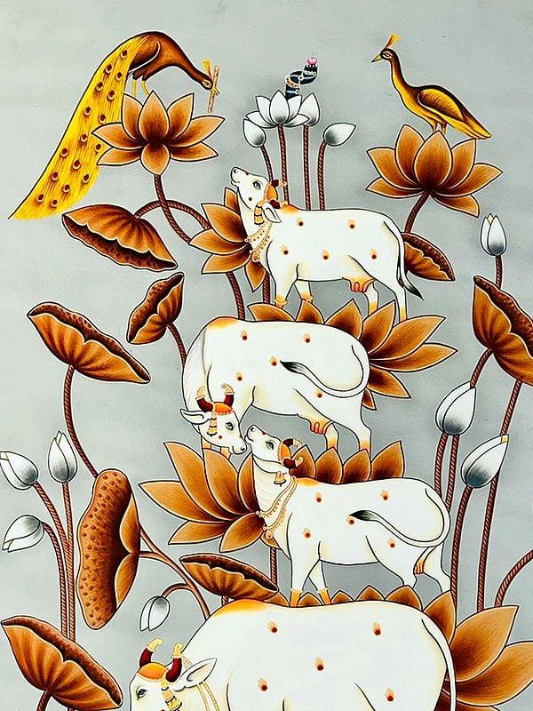 Exotic India Beautiful Cows And Peacock | Natural Color On Cloth | By Dheeraj Munot 