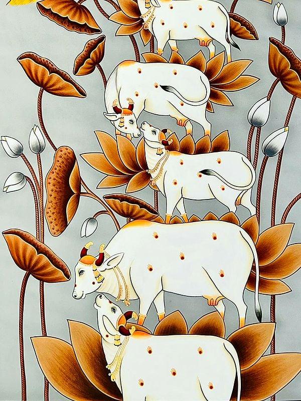 Exotic India Beautiful Cows And Peacock | Natural Color On Cloth | By Dheeraj Munot 