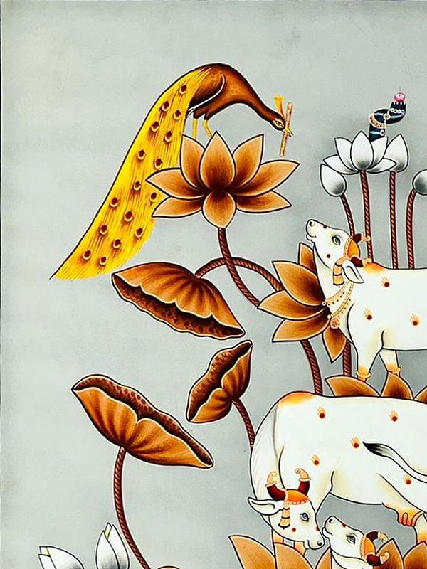 Exotic India Beautiful Cows And Peacock | Natural Color On Cloth | By Dheeraj Munot 