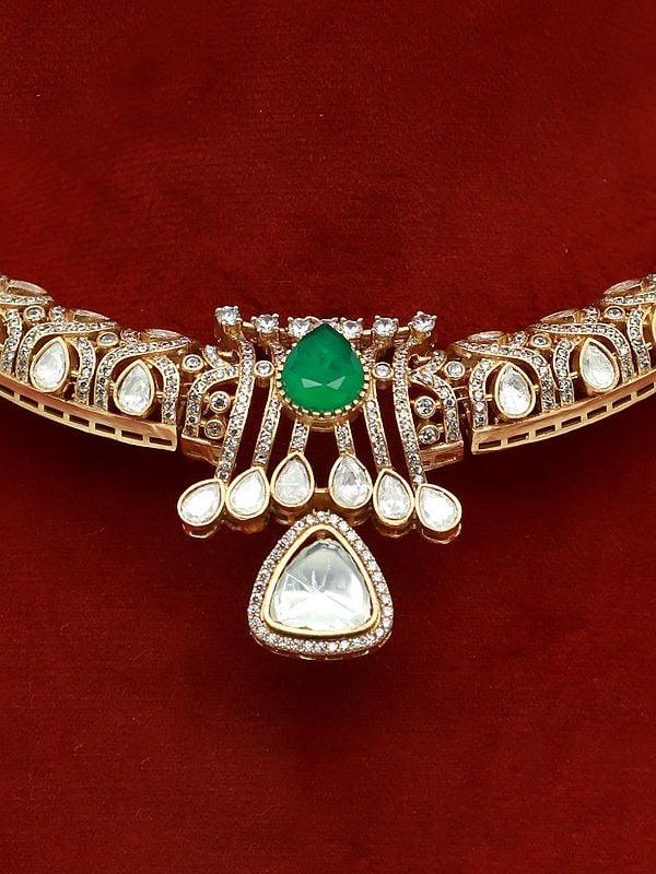 Exotic India Beautiful Design Embellished Moissanite Kundan With Matt Polish Necklace With Earrings