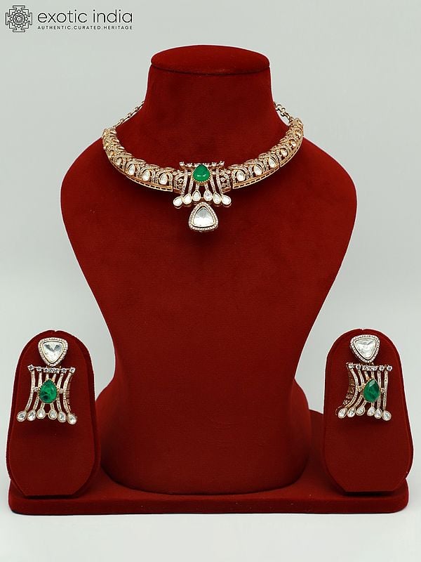 exotic india Beautiful Design Embellished Moissanite Kundan With Matt Polish Necklace With Earrings