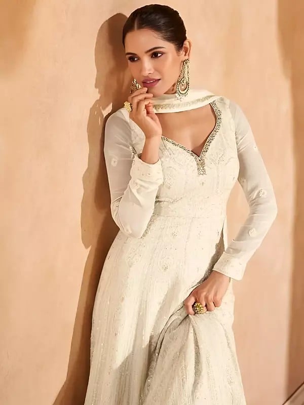 Exotic India Beautiful Design Georgette Embroidery And Sequins Work Party Wear Gown With Matching Dupatta 