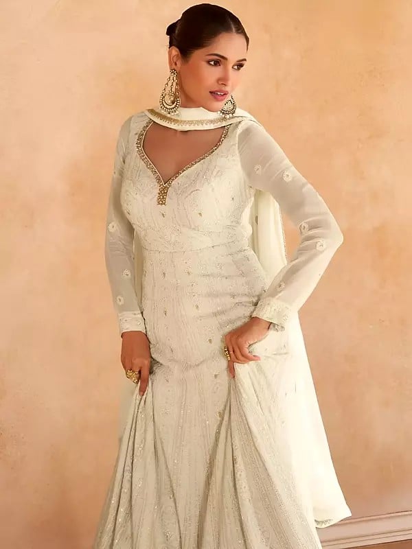 Exotic India Beautiful Design Georgette Embroidery And Sequins Work Party Wear Gown With Matching Dupatta 