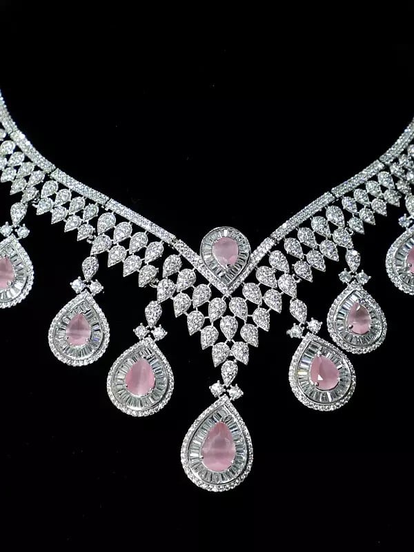 Exotic India Beautiful Design Stone Studded American Diamond Necklace Set With Earrings