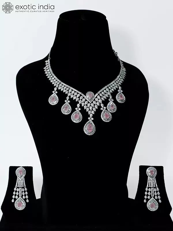 exotic india Beautiful Design Stone Studded American Diamond Necklace Set With Earrings 