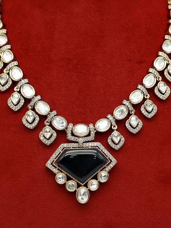 Exotic India Beautiful Design Stone Studded Monalisa With Moissanite Kundan Necklace With Earrings
