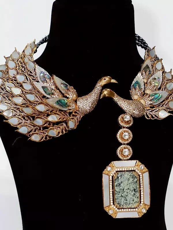 Exotic India Beautiful Designer Peacock Necklace Set With Earrings | Indian Fashion Jewelry