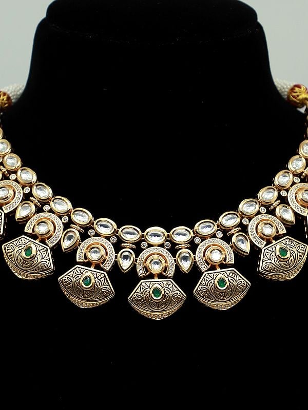 Exotic India Beautiful Floral Carving Necklace Set With Attractive Earrings