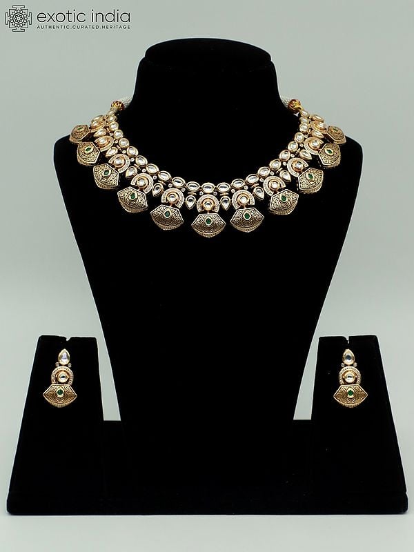 exotic india Beautiful Floral Carving Necklace Set With Attractive Earrings