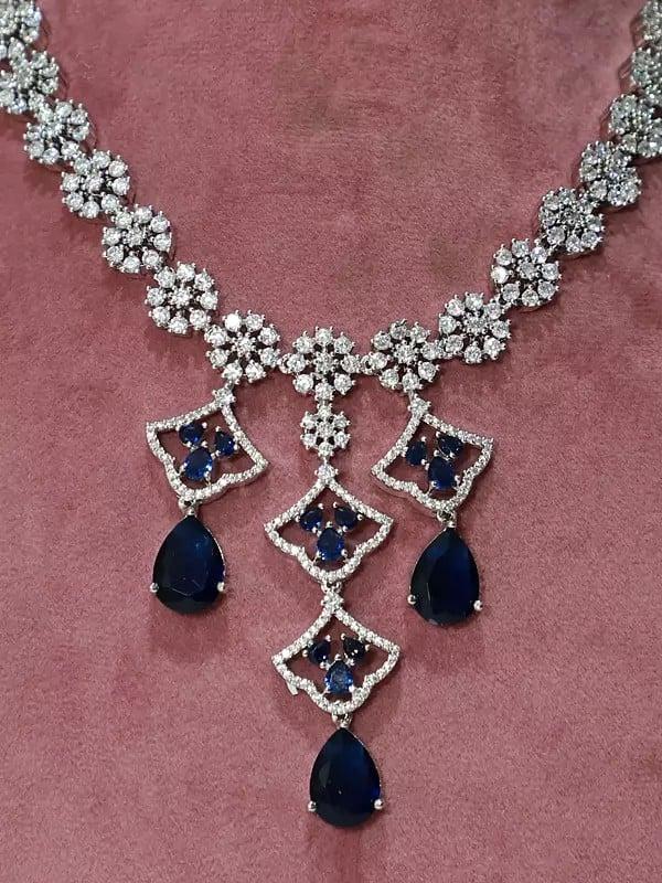 Exotic India Beautiful Floral Design Stunning And Stone Studded American Diamond Necklace Set With Earrings