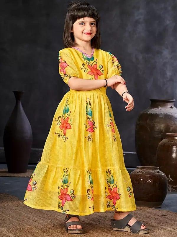 Exotic India Beautiful Floral Motifs Dress With Round Flair For Kids 