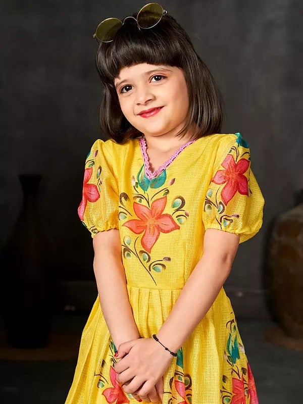 Exotic India Beautiful Floral Motifs Dress With Round Flair For Kids 