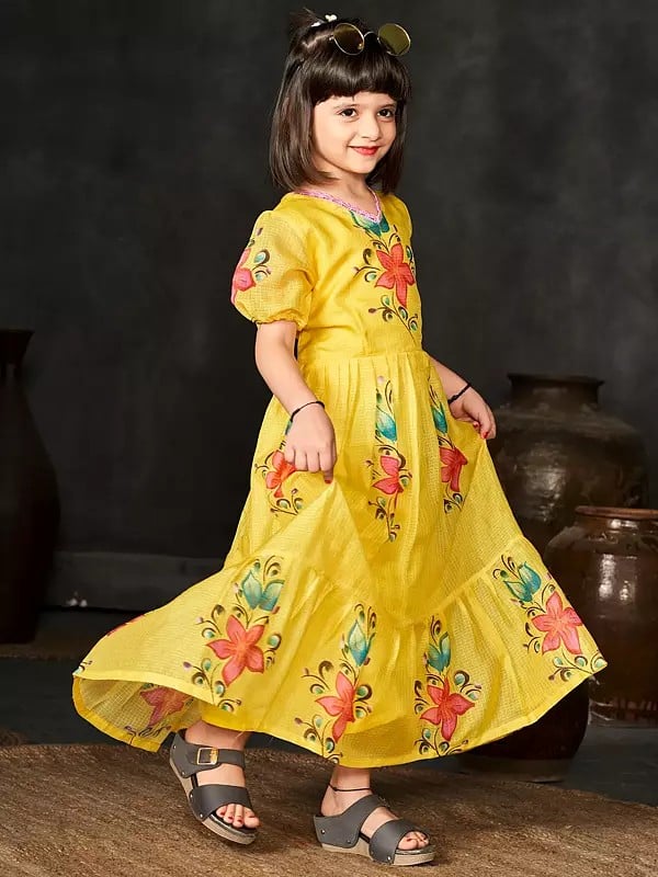 Exotic India Beautiful Floral Motifs Dress With Round Flair For Kids 