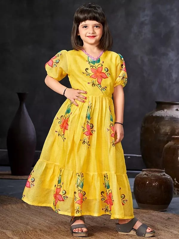 exotic india Beautiful Floral Motifs Dress With Round Flair For Kids 