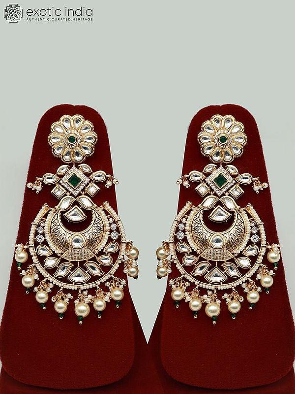 Exotic India Beautiful Kundan Necklace Set With Hanging Pearl And Earrings 