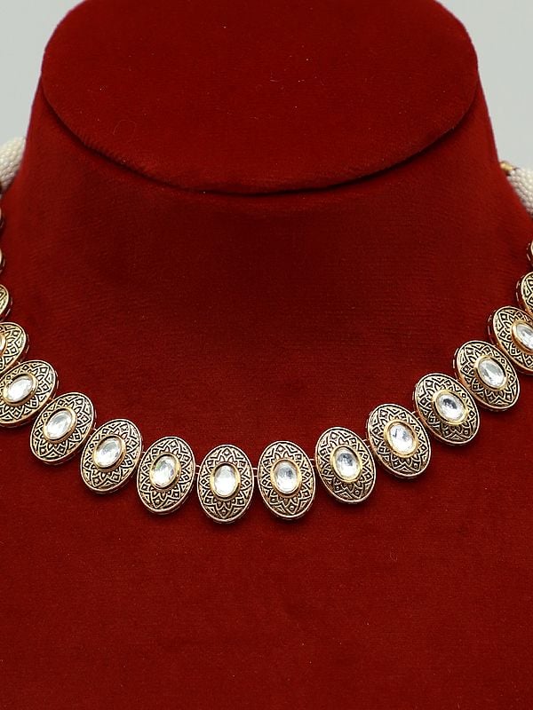 Exotic India Beautiful Light Necklace Set With Kundan Studded And Earrings 