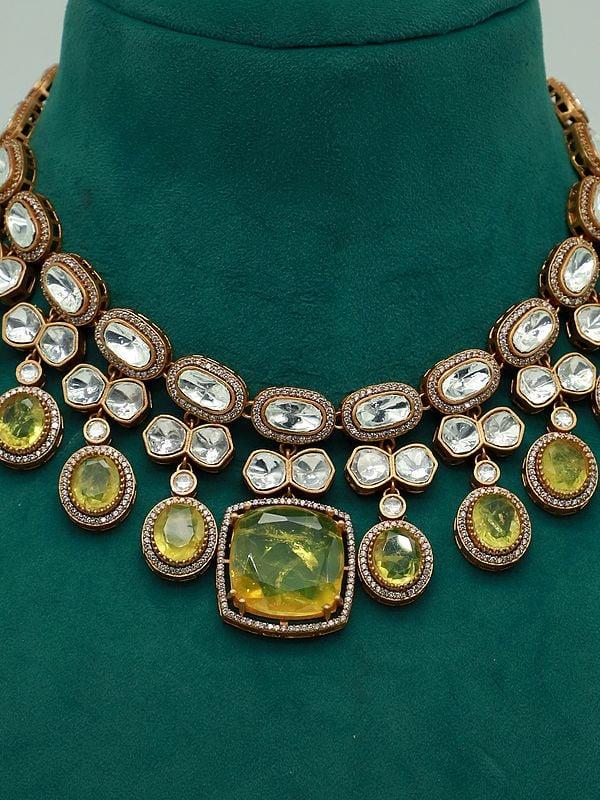 Exotic India Beautiful Moissanite Necklace Set With Doublet Stone Uncut Kundan And Antique Polished Earrings 