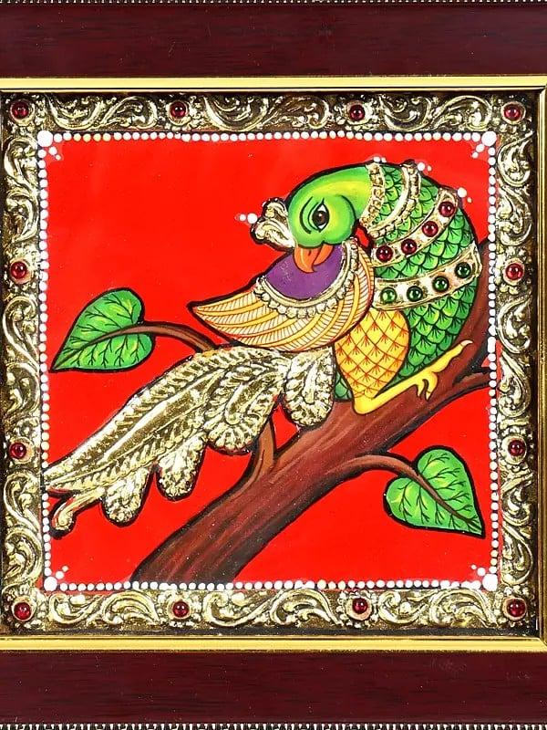 Exotic India Beautiful Parrot | 24 Karat Gold Work | Framed Tanjore Painting