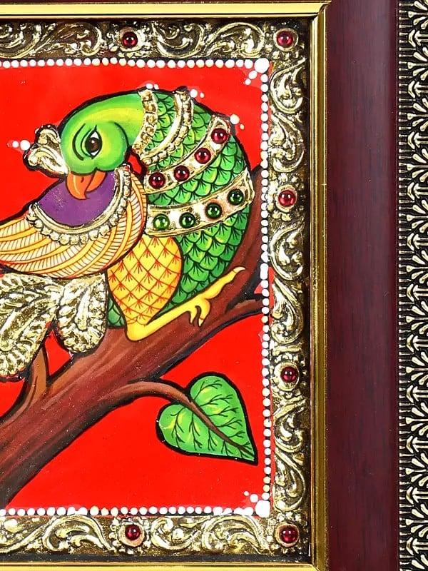 Exotic India Beautiful Parrot | 24 Karat Gold Work | Framed Tanjore Painting