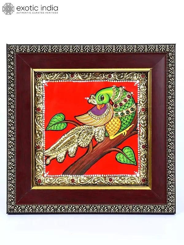 exotic india Beautiful Parrot | 24 Karat Gold Work | Framed Tanjore Painting
