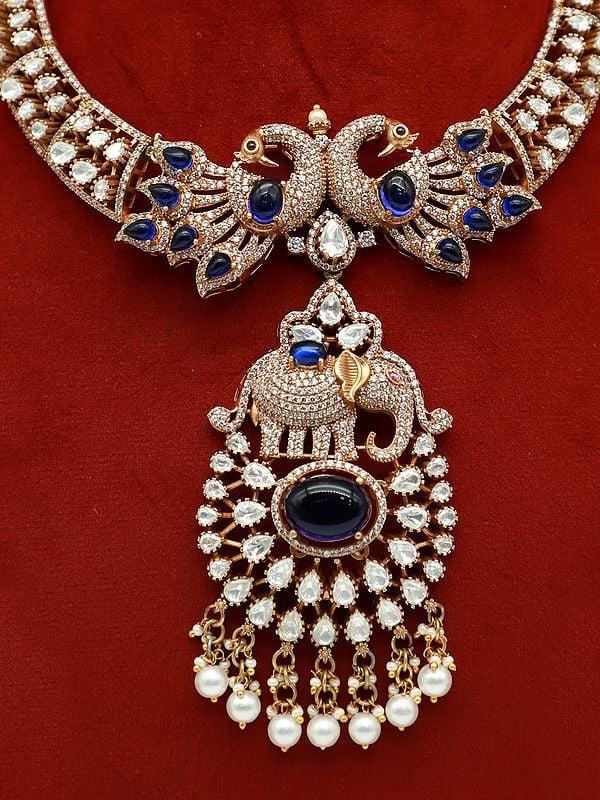Exotic India Beautiful Peacock Design Moissanite Kundan With Matt Polish Stone Studded Necklace