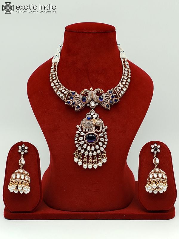 exotic india Beautiful Peacock Design Moissanite Kundan With Matt Polish Stone Studded Necklace 