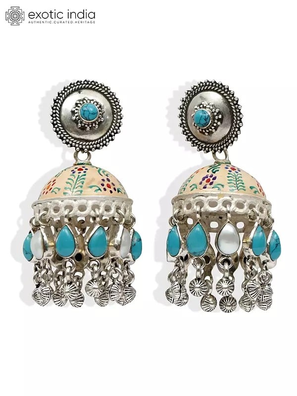 Exotic India Beautiful Sterling Silver Jhumki With Turquoise And Pearls 