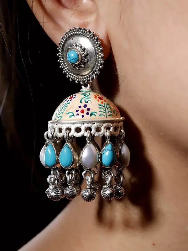 exotic india Beautiful Sterling Silver Jhumki with Turquoise and Pearls 