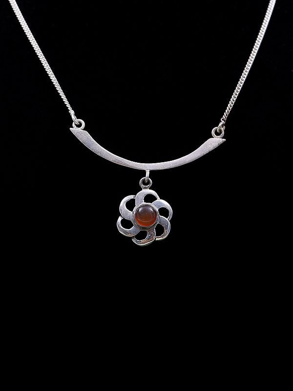 Exotic India Beautiful Sterling Silver Necklace With Carnelian Stone