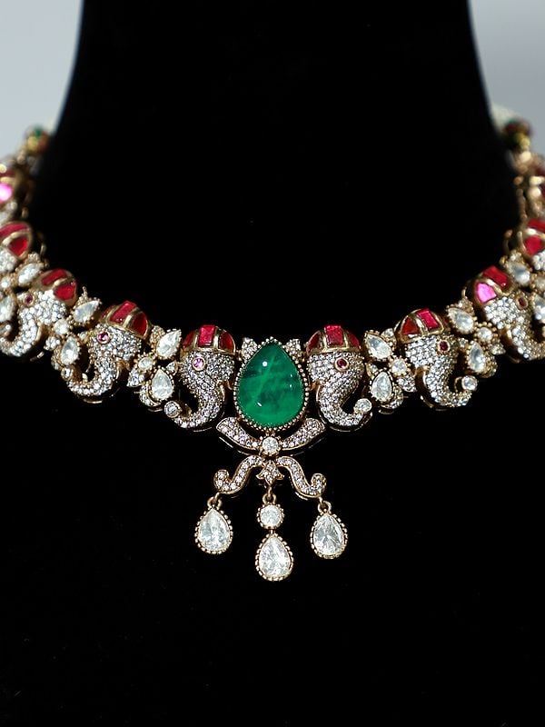 Exotic India Beautiful Stone Studded Copper And Kundan Necklace Set With Earrings 