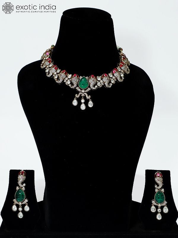 exotic india Beautiful Stone Studded Copper And Kundan Necklace Set With Earrings 
