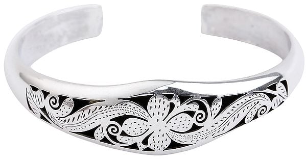 Exotic India Beautifully Engraved Floral Design Cuff Bracelet From Nepal (Adjustable Size)