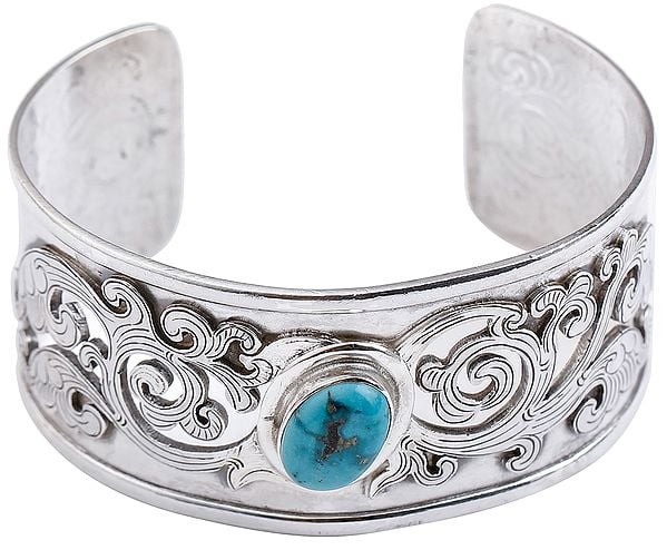 Exotic India Beautifully Engraved Jali Design Cuff Bracelet With Turquoise (Adjustable Size)