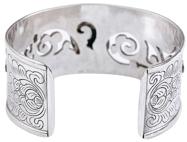 Exotic India Beautifully Engraved Jali Design Cuff Bracelet With Turquoise (Adjustable Size)