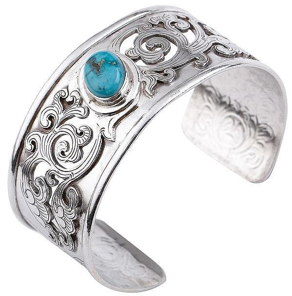 exotic india Beautifully Engraved Jali Design Cuff Bracelet with Turquoise (Adjustable Size) 