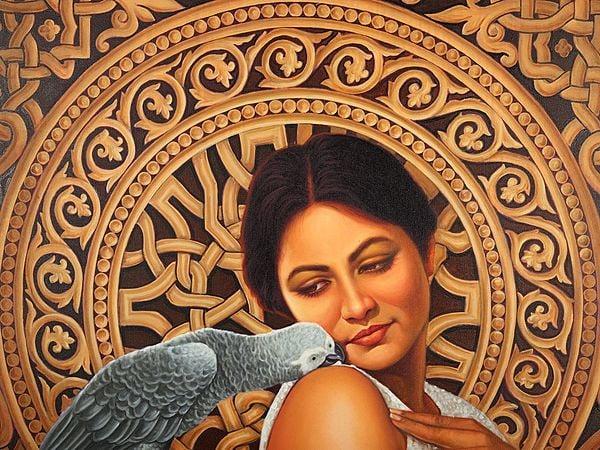 Exotic India Beauty And Grey Parrot | Oil Painting On Canvas With Frame 