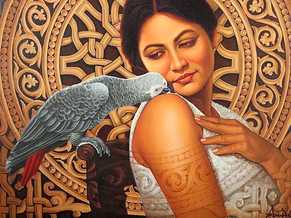 Exotic India Beauty And Grey Parrot | Oil Painting On Canvas With Frame 