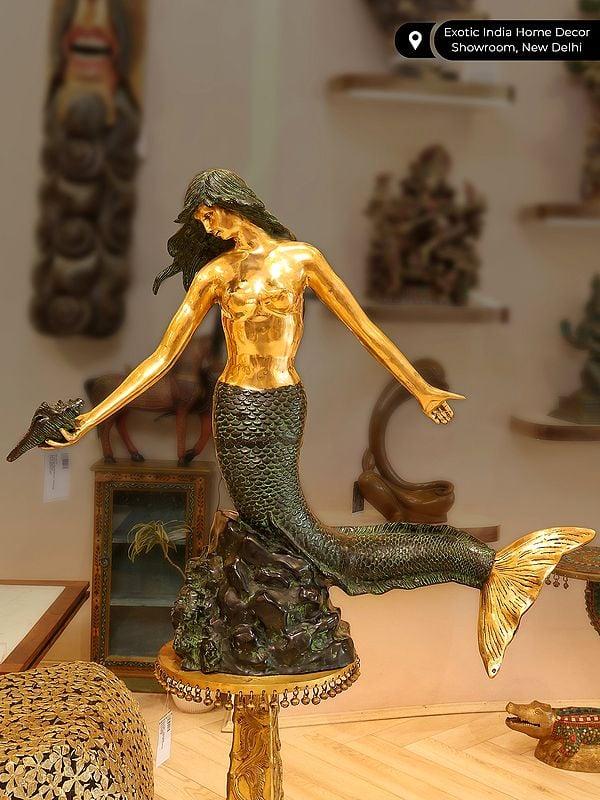 Exotic India Beauty Ascending (Large Beautiful Mermaid Brass Statue)