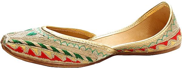 Exotic India Beige And Green Hand-Embroidered Phulkari Jooties