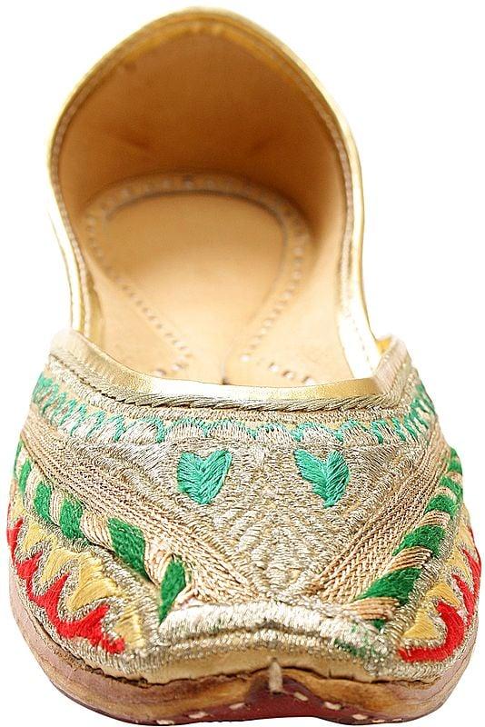 Exotic India Beige And Green Hand-Embroidered Phulkari Jooties