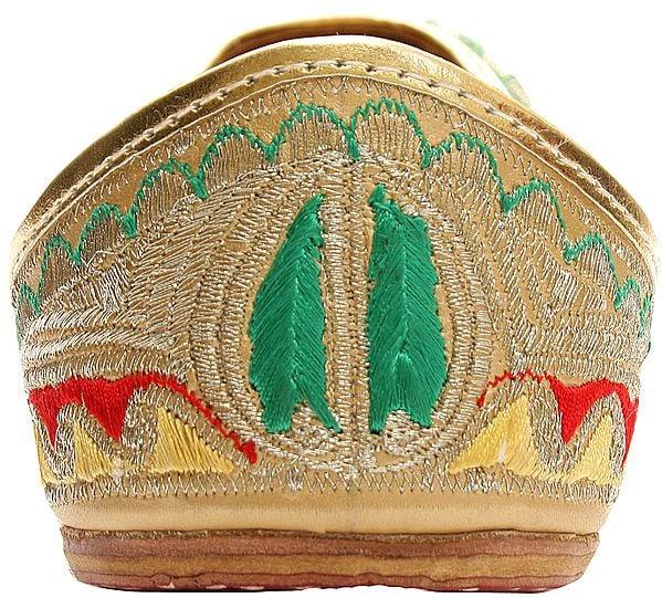 Exotic India Beige And Green Hand-Embroidered Phulkari Jooties
