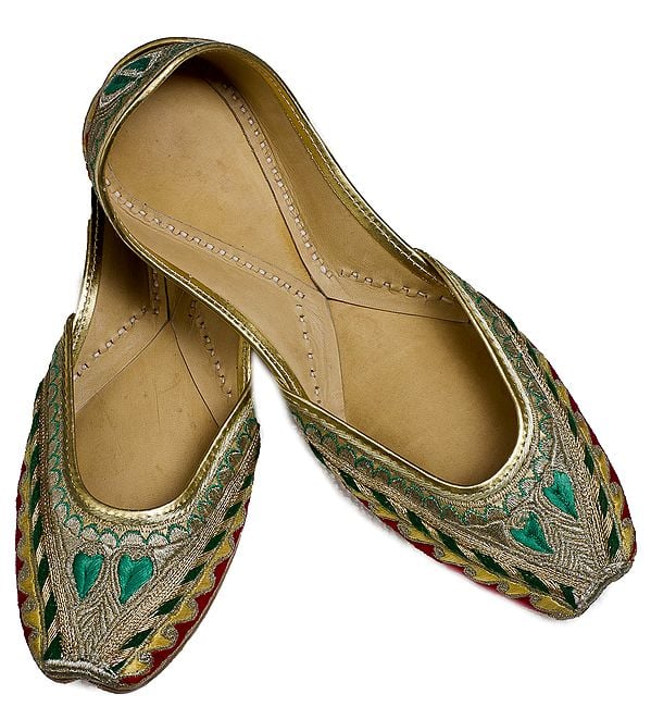 exotic india Beige and Green Hand-Embroidered Phulkari Jooties