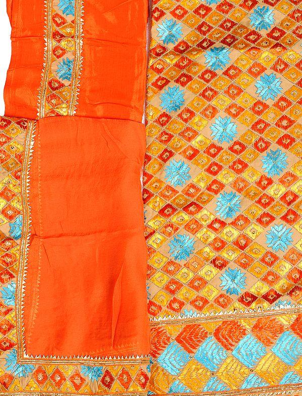 exotic india Beige and Orange Phulkari-Embroidered Salwar Kameez Fabric from Punjab with Sequins 